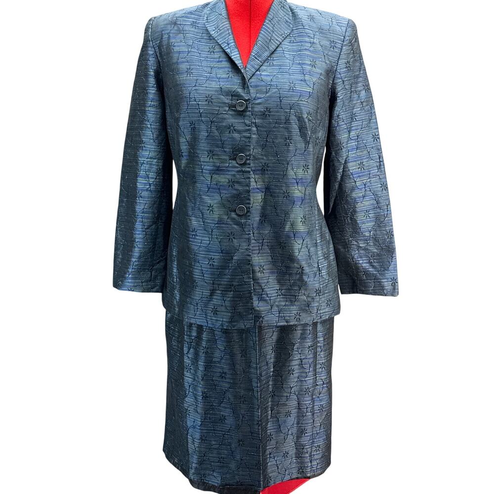 Travis Ayers Vintage Silk Blue Purple Floral Embroidered Skirt Suit Set Women 14